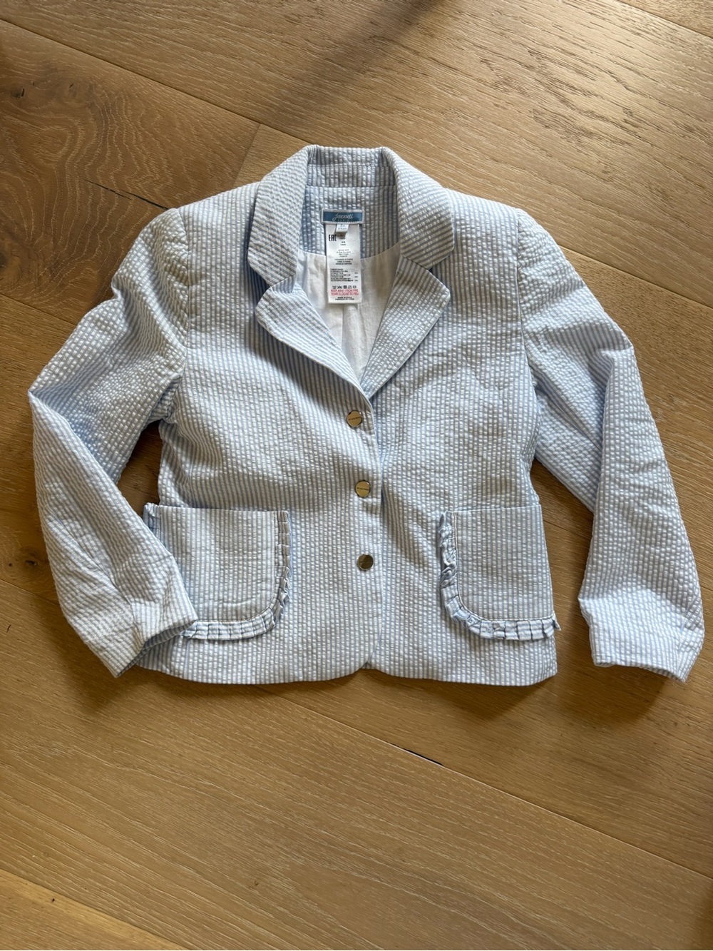 Jacadi Girls' Light Blue Seersucker Blazer with Front Buttons